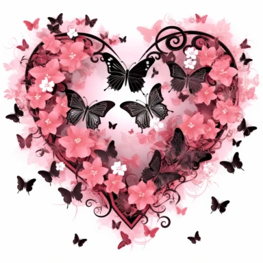clipart style image of a hollow heart shape made up of flowers and butterflies in shades of pink and black