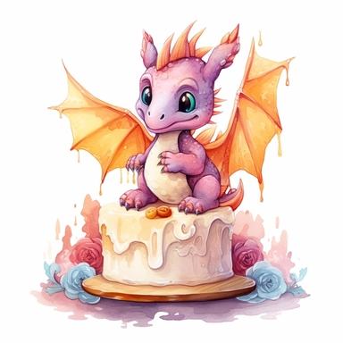 Cute happy Watercolor cake Baby Dragon Clipart, on a white background