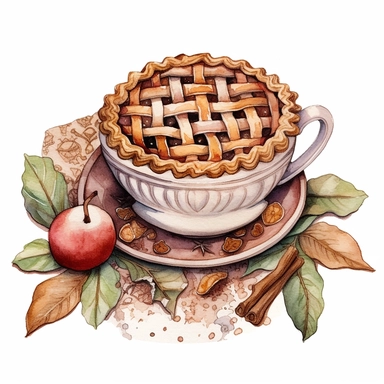 Watercolor illustration of a pie, tea and leaves, in the style of white and amber, knitted and crocheted, handcrafted objects, spiral group, cabincore, smooth and shiny, konica big mini , style by Lucy Fleming, watercolor, smooth gradients, black contour outline, ultra detailed, clipart elements, delicate pastel colors, solid white background, super clear, high quality