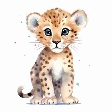 an active baby leopard with kind eyes clipart with watercolor illustration,full body shot,8k,etsy style, white background