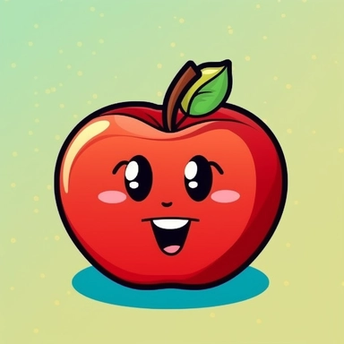 Create a cartoon-style clipart of an apple with a plain, high contrasted background. The apple should look fresh and juicy with a vibrant red or green color, and have a cute and friendly expression. Keep the design simple yet expressive, and make sure the apple is identifiable as it is commonly seen in real life. The artwork should have a flat 2D style with bold outlines and bright colors to capture the essence of a classic clipart.
