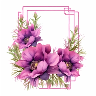 dark Magenta anemone flower bunch, watercolor, clipart, highly detailed, HD, flowers arranged in a square-shaped frame