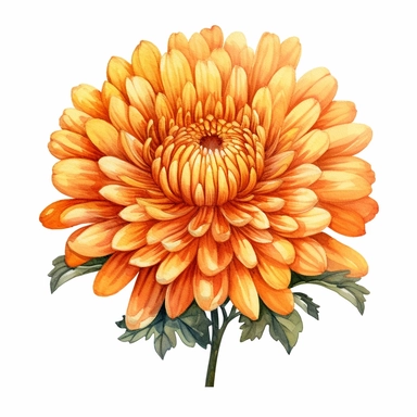 Orange Chrysanthemum flower, high level watercolor, hyper realistic cartoon, clipart, white background, 8k, ultra detailed clipart