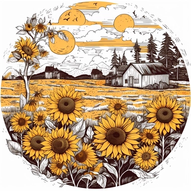 beautiful whimsical hand drawn illustration with ink outlines country field of sunflowers and barn, closeup, in the style of Natural Life and Anthropology, epic composition, pen and ink drawing, clipart, bright summer color palette, borders, oval composition on white background