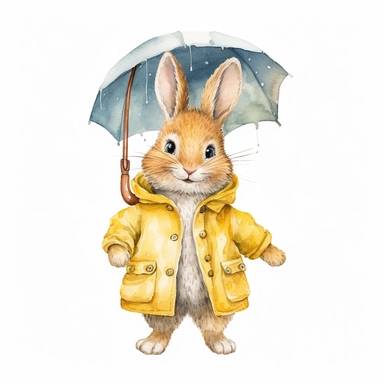Watercolor svg clipart of a cute cartoon adorable Peter rabbit kawaii animal, illustration by Beatrix potter , pastel yellow jacket, png isolated on white background