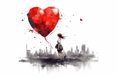 cute beutiful girl, red half of the heart shape balloon geometric minimalist , valentine's day, top view, running in Tokyo, ink, Ghibli style, 8k, Leyka 35mm very detail clipart on white background space out 8k