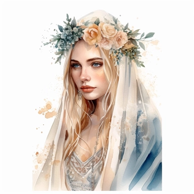 Glamorous and romantic realistic watercolor, the beautiful bride with long braided hair wearing intricate jewelry and, Juliet cap veil, on clean white background, translucent, delicate, with flowers, very delicate colors, fashion photography, watercolor clipart - - no watermarks, no text