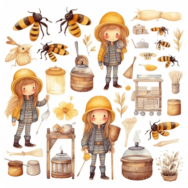 Watercolor boho beekeeping, illustrations clipart set, simple, soft colors, cartoon elements, different variants, cute little boy and girl beekeeping, separate elements with a margin