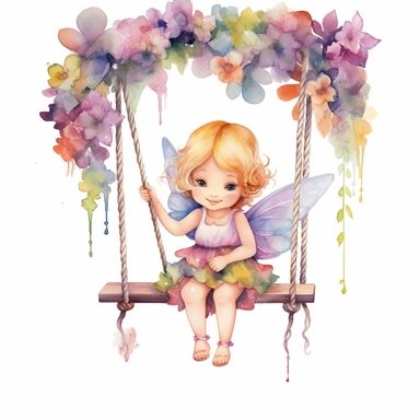 an ultra cute fairy baby sitting on a swing, flower bomb, summer, Watercolor white background clipart