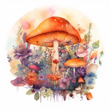 In this watercolor illustration, a mystical mushroom takes center stage, painted with vibrant hues and surrounded by delicate flowers and lush plants. The clipart design captures a magical scene, where fairies flit about in the air, their ethereal forms highlighted against a watercolor backdrop. The white background provides a stark contrast to the dominant orange color scheme, enhancing the enchanting atmosphere of the artwork. The intricate details of the flora and the playful presence of the 