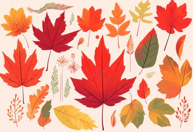 autumn leaves, tree, maple leaves, autumn clip art, autumn, stock image, in the style of flat illustrations, detailed background elements, 3840x2160, 20th century scandinavian style, nature morte, red and green, whimsical cartoon-style