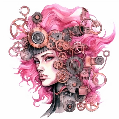 pink watercolor steampunk bearded lady clipart, metallic, gears, iron pink gray black, 32k. highly detailed