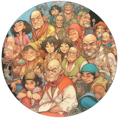 Josh Kirby's drawing depicting a crowd of cheerful onsen festival party-goers in swimsuits and yukata, European African Persian Orc Dwarf Elf, Josh Kirby Mad Max Lord of the Rings, handpainted enamel punk zine indie retrowave, clipart illustration full body character art, circular solid background, circular border