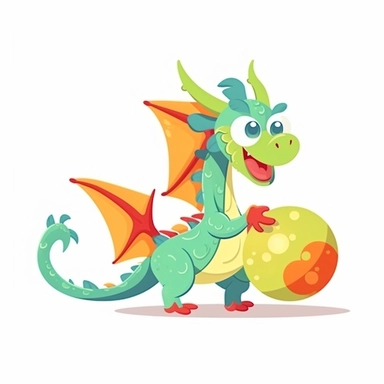 ciolorful dragon playing with ball sublimation clipart, vector, illustration, 2d, flat colors, isolated background