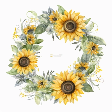 watercolor sunflower wreath on white background, in the style of muted and subtle tones, intricate floral arrangements, uhd image, subtle realism, asymmetrical framing, fawncore, wedding clipart, floral accents, no background