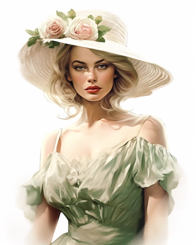 detailed beautiful lady facing me with vintage hat with sage roses dressed in a vintage dress, hyper realistic, 8k, isolated on white backgorund, clipart