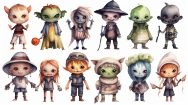 Watercolor Cute Halloween characterset: Bat, Ghost, Frankenstein, Dracula, Jack-o-Lantern, Mummy, Zombie, Witch, Grim Reaper Clipart hd, isolated on white background