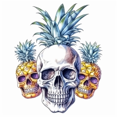 watercolor skull and pineapples are inked on a white background, in the style of sharp & vivid colors, kawaiipunk, lifelike renderings Clipart desert cartoon t-shirt graphic, vector,contour, isolated on a white background