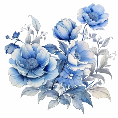 An illustration of blue flower clipart, reminiscent of the delicate and intricate botanical drawings by Beatrix Potter. Exquisite blue blossoms, meticulously rendered with fine details and graceful lines. The flowers exude a sense of elegance and serenity, capturing the beauty of nature. Cool color temperature enhances the calming atmosphere. Soft, diffused lighting adds a touch of softness, highlighting the delicate petals.