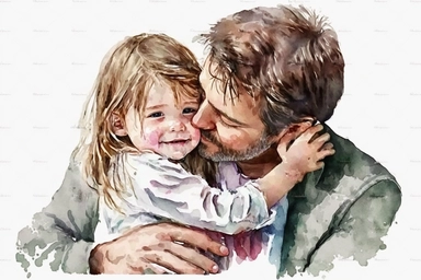 Watercolor Fathers Day Clipart, child cherishing father, white background