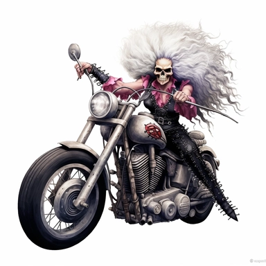 skull headed motorcyclist on a harley looking like a drag performer with a dress and wig white background as clipart c 100