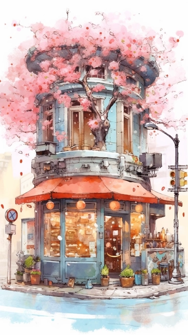 Very very cute and Whimsical quirky Jazzy coffee shop, building corner, cherry tree blossom, Raining colorful, Watercolored illustration in the style of Michael Powell, clipart, city vibe background - 8K