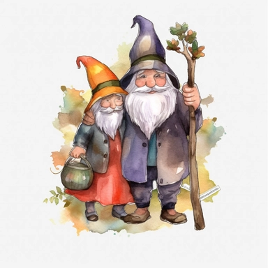 watercolor, Gnome Couple, and Halloween Decor png Full body realistic cartoon in 32K UHD cute. 15 cm thick outline. Black color. There was no shadow on the ground. 8k with realistic watercolors and detailed illustrations. PNG clipart, transparent white background