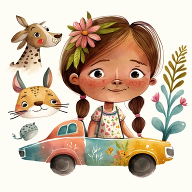 watercolor clipart, A car racing with a family inside, a 6-year-old child and the parents, motion, the girl sees a dog and a giraffe and a dolphin and a turtle and a cat outside the car, magic, illustration story book style for children