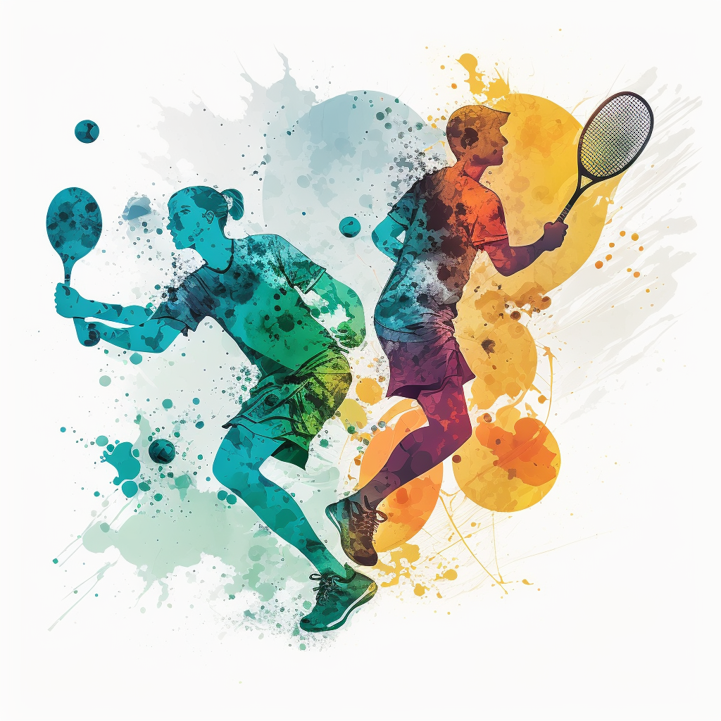 Design a watercolor clipart image of Pickleball players competing in a ...