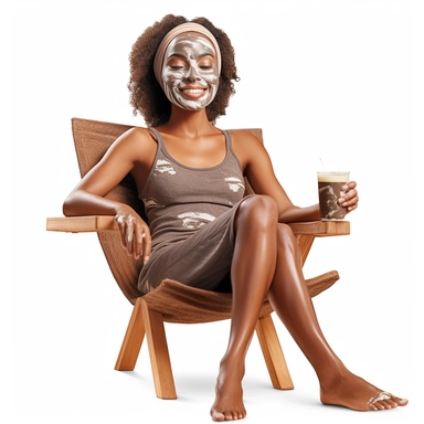 clipart of latina african american woman sitting with clay face mask on, sitting in a spa chair, hyperrealistic, white background