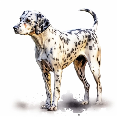 dalmation dog watercolour paintingstanding realistic yet stylized, digitally enhanced, clipart, 32k uhd, detailed crosshatching white background