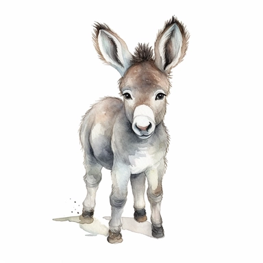 an adorable baby donkey with kind eyes clipart with watercolor illustration,full body shot,8k,etsy style, white background