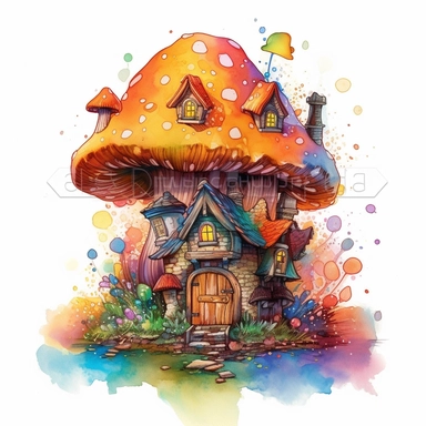 create an illustration featuring magical rainbow mushroom house clipart, small flowers, vibrant colors, magical, whimsical, fairytale, against a white background, harlequin cyberpunk, detailed