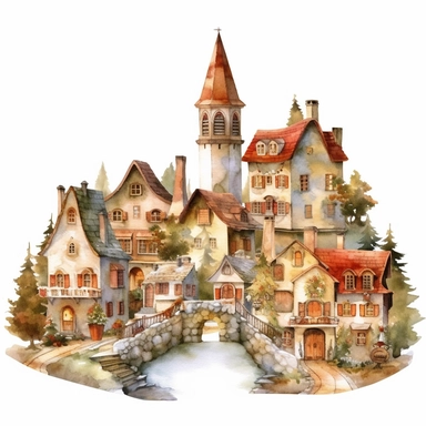 watercolor clipart of a vintage Christmas village, isolated on white background