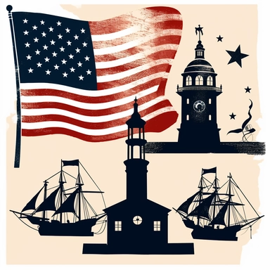 clipart image with iconic symbol, flag, and historic landmark from the American Revolution, perfect for DIY project and craft