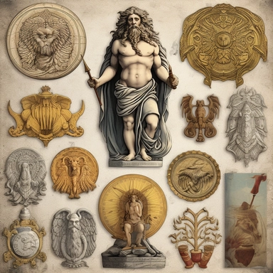 Create a collection of lifelike clipart images depicting gods and symbols from mythology. Use a digital art medium to render these images with realistic textures and details. Emulate the style of classic illustrations found in ancient manuscripts and tapestries. Ensure that each god or symbol is represented in a visually striking and accurate manner, capturing their distinct characteristics and attributes.