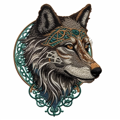 an embroidery design of a celtic wolf, highly detailed, white background, clipart