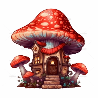 clipart, shades of red and brown fairy mushroom house isolated on a white background, intricate details, vector, pastel colors, realistic, 3D, no shadows