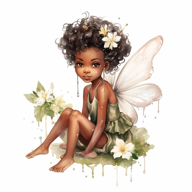 ultra beautiful cute baby girl black skin fairy elf, pixie with beautiful buttefly style wings in a sitting position holding a flower in the woods clipart, water color illustration, mary cecily baker style ,white background