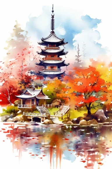 Watercolor Japan landscape, wonderful nature, very vivid colors, highly detailed drawing, white background, clipart, colorful, highly detailed, HD