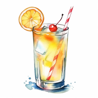 summer Tom Collins cocktail watercolor clipart, white background, single design
