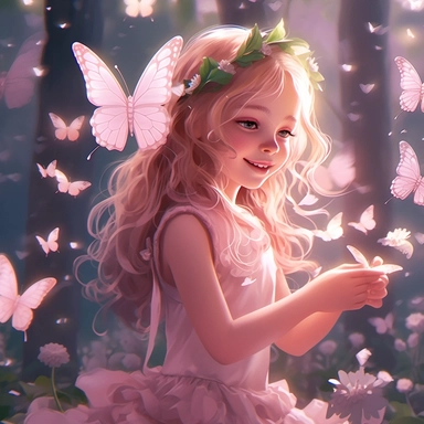 clipart, cute fary age 6, with flovers, butterflies, pink dress, pastel colors, digital illustration, high details, The green atmosphere, soft light, atmospheric lighting, masterpiece, and the highest quality make you can't believe how beautiful it is, Ultra High Definition, 32k