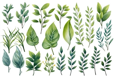 Vector watercolor illustrations. Botanical clipart. Set of Green leaves, herbs and branches. Floral Design elements. Perfect for wedding invitations, greeting cards, blogs, posters and more
