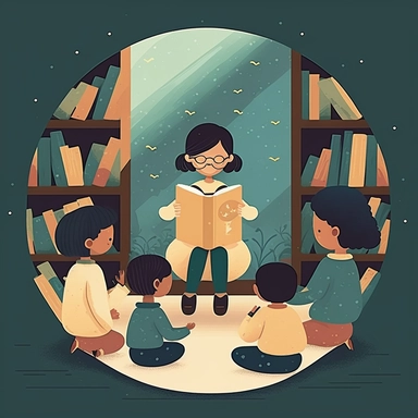Generate a cover image featuring a young librarian reading a book to a group of children in a cozy library, with blank space in the middle for text or a title. Use clipart-style graphics to create a playful and imaginative scene.