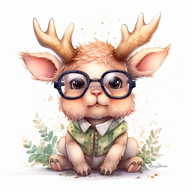 kawaii adorable fantasy baby elk wearing cute glasses, nursery art, clipart image, line art image, white background, inspired by yoshitaka amano art, very detailed, 8k