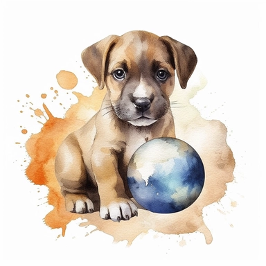 Watercolor puppy playing, with ball that resembles a world globe Clipart - cute puppy , Colour of brindle brown and cream, white background, vector art, high definition, clip art, ar 2:2
