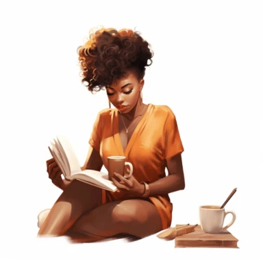 gorgeous black woman clipart, studying the bible sipping a coffee, pixie cut hairstyle, peach blouse, dark brown skinned, melanin, white background