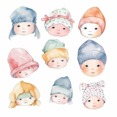 Baby accessories (such as hats, headbands, bibs, etc.) decorated with cute patterns, cute adorable emotional watercolor style on white background with margins in a clipart design
