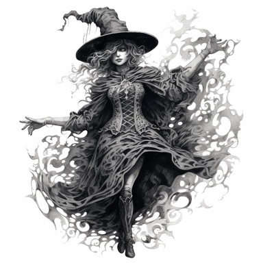 an intricate full-body ink drawing of a female witch, pencil shading, black and white, white background, clipart