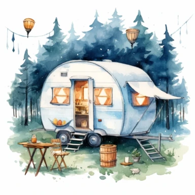 Camping style cute caravan in the campground at the night with watercolor effect, night landcsape, camping tools, camping chairs and table, caravan pengola, forest landscape, suitable for digital clipart, white background